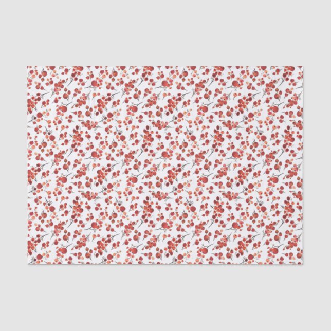 Watercolor Red Winterberry Holly Christmas Pattern Tissue Paper (Front)