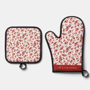 Watercolor Red Winterberry Pattern Christmas Oven Mitt & Pot Holder Set