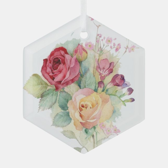 Watercolor Red Yellow Pink Garden Roses Glass Ornament (Front)