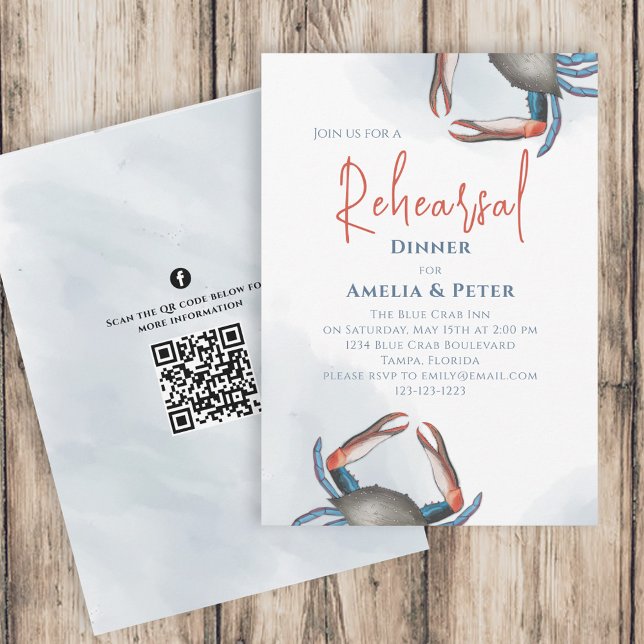 Watercolor Rehearsal Dinner Blue Crab QR Code Sea Invitation (Creator Uploaded)
