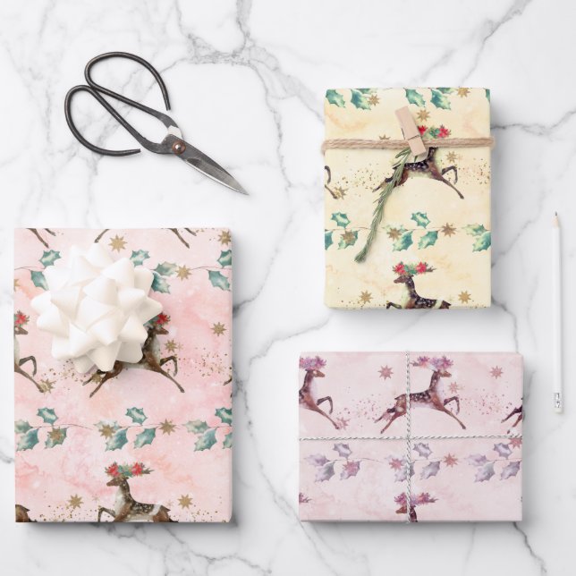 Watercolor Reindeer and Greenery Christmas Wrapping Paper Sheet (Front)