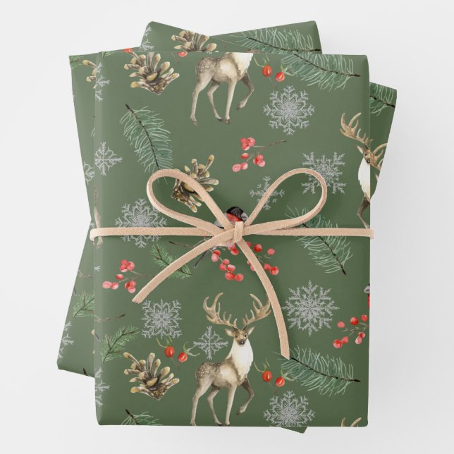 Watercolor Reindeer Christmas Forest Nature   Wrapping Paper Sheet (In situ)