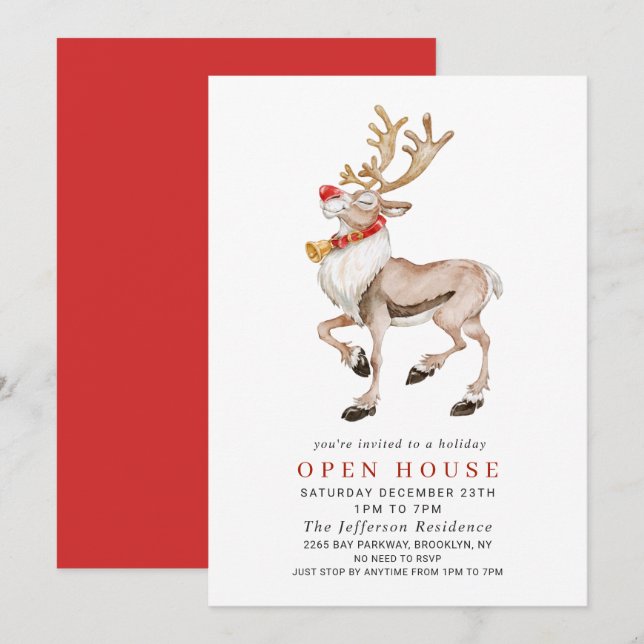 Watercolor Reindeer CHRISTMAS HOLIDAY OPEN HOUSE Invitation (Front/Back)