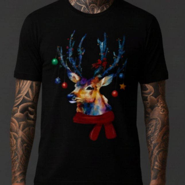 Watercolor Reindeer Christmas Ornaments Holiday Tri-Blend Shirt (Artistic watercolor reindeer with ornaments! Whimsical & colorful Christmas holiday style! )