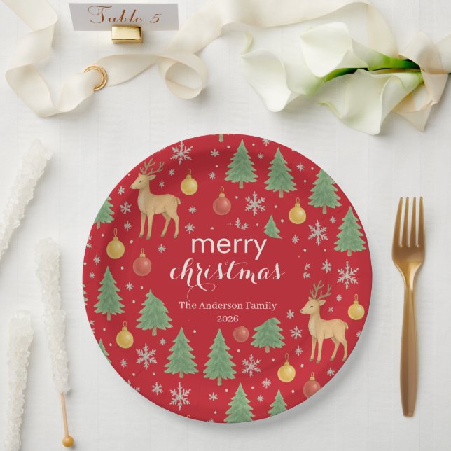 Watercolor Reindeer & Christmas Tree -  Paper Plate (Wedding)
