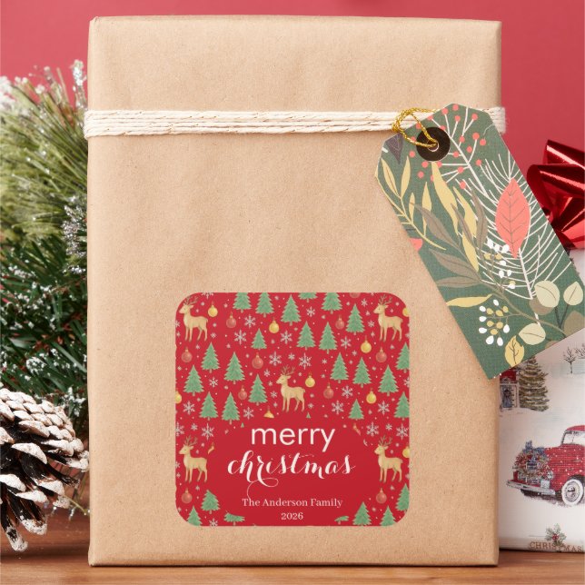 Watercolor Reindeer & Christmas Tree -  Square Sticker (Holiday)