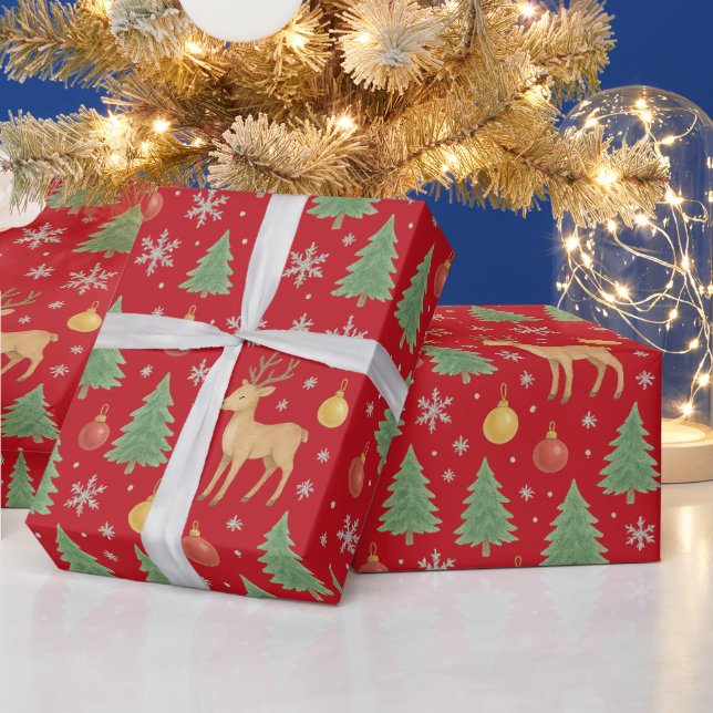 Watercolor Reindeer & Christmas Tree -  Wrapping Paper (Holidays)