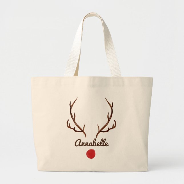 Watercolor reindeer funny antlers red nose tote ba (Front)