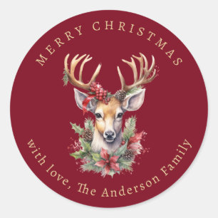 Watercolor Reindeer Holly Berries Red Christmas Classic Round Sticker