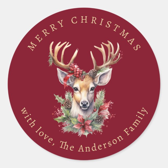 Watercolor Reindeer Holly Berries Red Christmas Classic Round Sticker (Front)