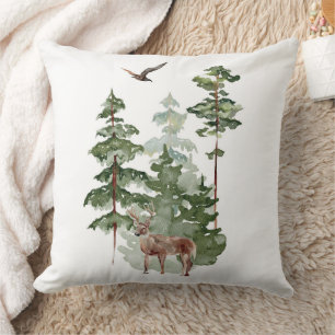 Watercolor Reindeer in Winter Forest Christmas Throw Pillow