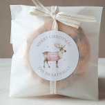 Watercolor Reindeer Personalized Merry Christmas Classic Round Sticker<br><div class="desc">These cute holiday stickers feature a watercolor reindeer in a pink sweater. The words "Merry Christmas" appear in beige serif font,  with your family's name below.</div>
