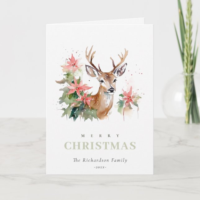 Watercolor Reindeer Poinsettia Christmas Foliage Holiday Card (Front)