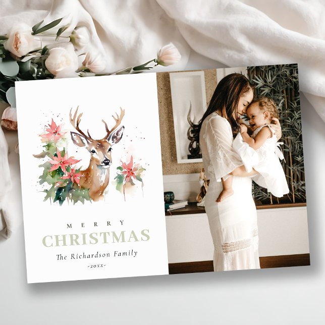 Watercolor Reindeer Poinsettia Christmas Photo Holiday Card (Creator Uploaded)