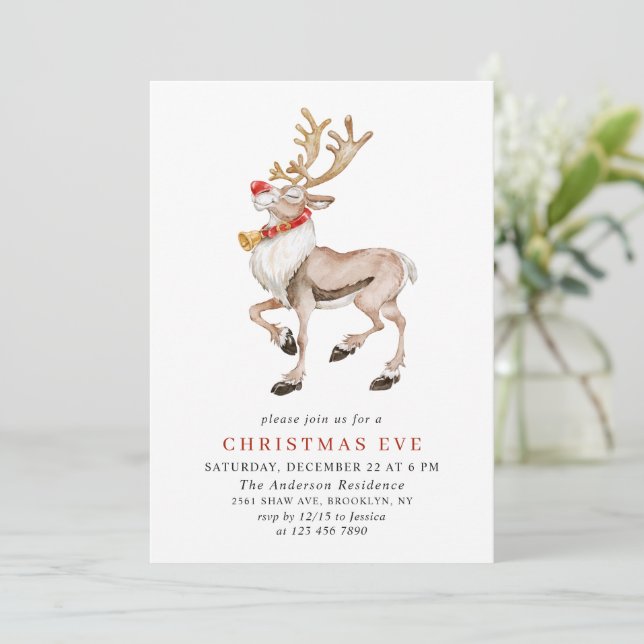 Watercolor Reindeer Rudolf HOLIDAY CHRISTMAS EVE Invitation (Standing Front)