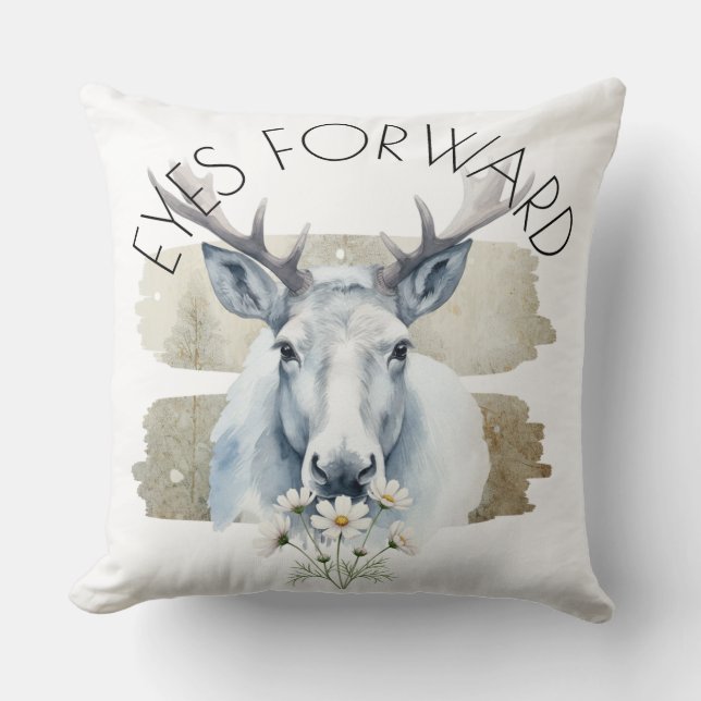 Watercolor Reindeer with Daisies Art Throw Pillow (Front)