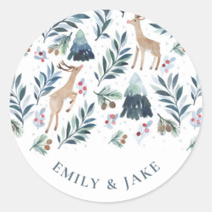 Watercolor Reindeers in the Forest Holiday Classic Round Sticker