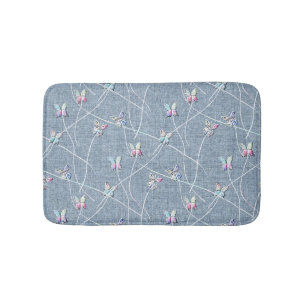 Watercolor Relief Butterflies on Denim Blue Linen Bath Mat