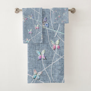 Watercolor Relief Butterflies on Denim Blue Linen Bath Towel Set
