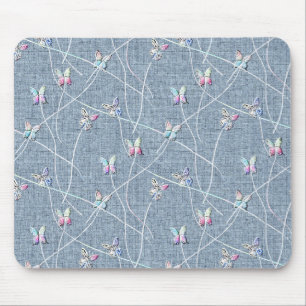 Watercolor Relief Butterflies on Denim Blue Linen Mouse Pad