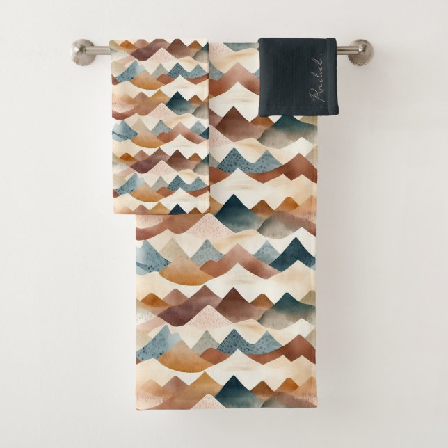 Watercolor Repeat Mountains Boho Monogram Bath Towel Set (Insitu)