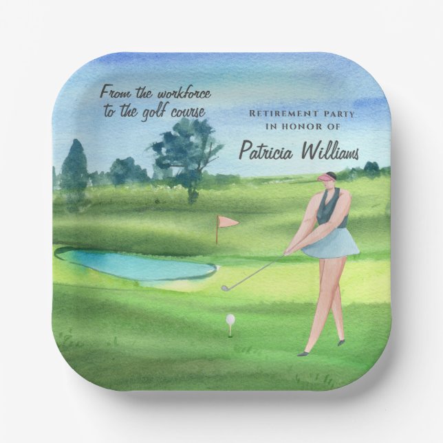Watercolor Retired Golf Women On Golf Course Paper Plate (Front)