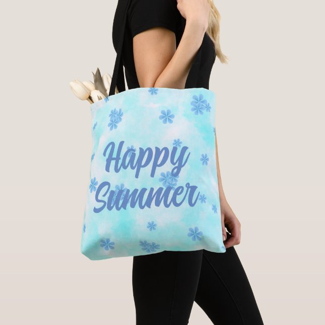 watercolor retro blue floral personalized tote bag (Close Up)