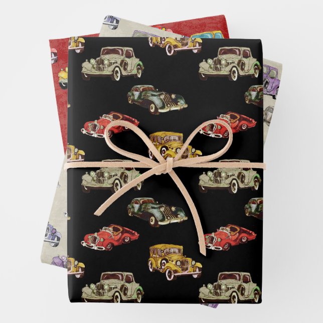 Watercolor Retro Cars Pattern Wrapping Paper Sheet (In situ)