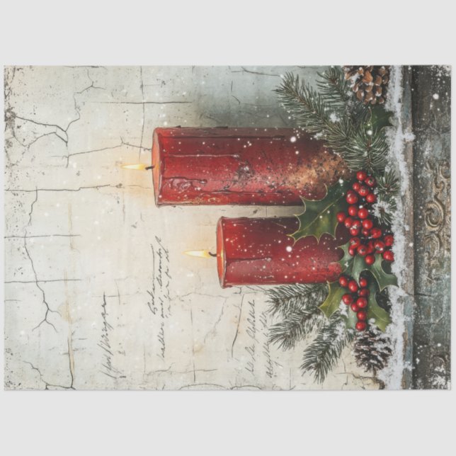 Watercolor retro Christmas red candles holly berry Tissue Paper (Front)