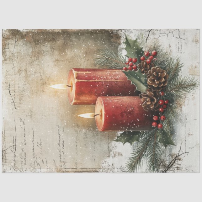 Watercolor retro Christmas red candles holly berry Tissue Paper (Front)