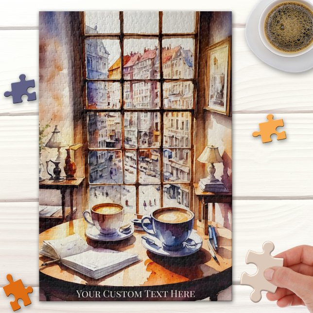Watercolor Retro City Coffee Lover Puzzle (Retro puzzle featuring a watercolor painting of two coffees - with a view on sunny European city)