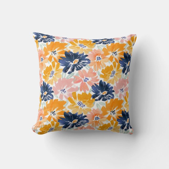 Watercolor Retro Floral Pattern Throw Pillow (Front)