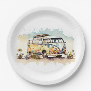 Watercolor Retro Hippie Bus With Flowers Paper Plate