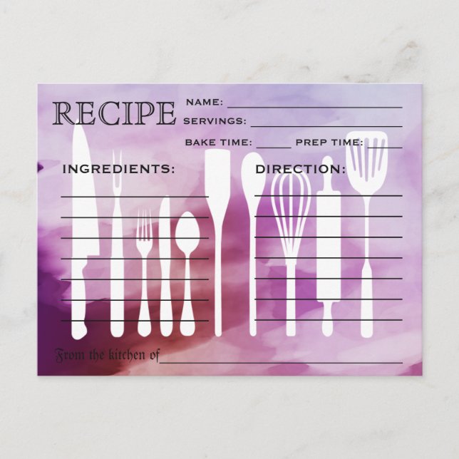Watercolor Retro Recipe Card Kitchen Tools (Front)