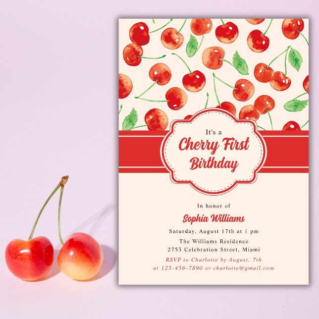 Watercolor Retro Red Cherry First 1st Birthday Invitation (Creator Uploaded)