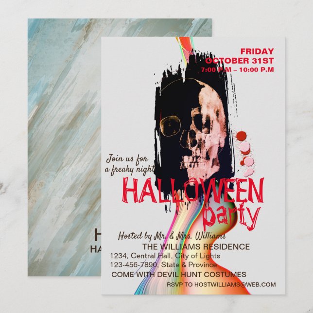 Watercolor Retro Skull Skeleton Halloween Art Invitation (Front/Back)