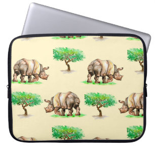 Watercolor Rhino: Hand Painted Pattern. Laptop Sleeve
