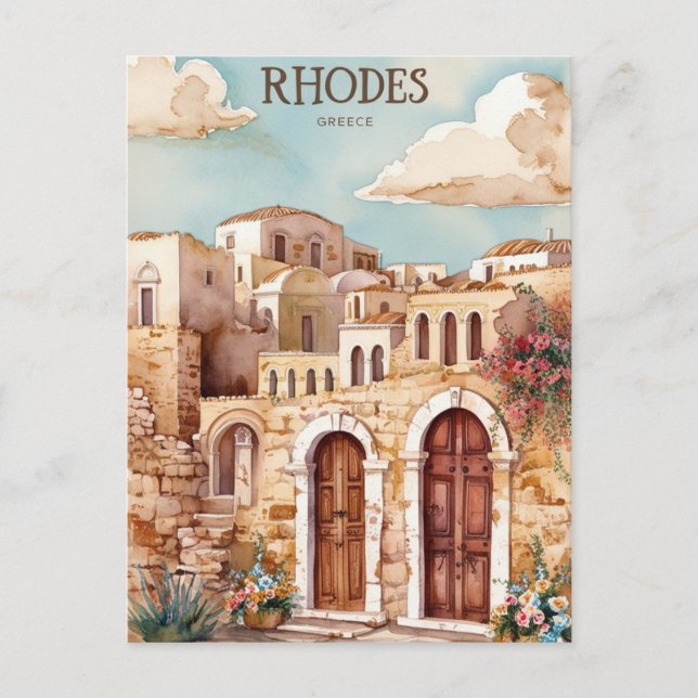 Watercolor Rhodes Greece Travel Poster  Mediterra Holiday Postcard (Front)