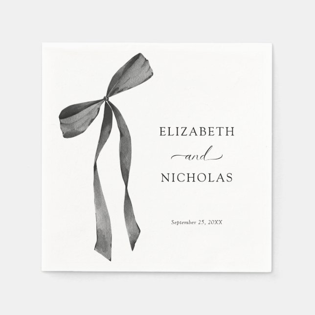 Watercolor Ribbon Bow Black and White Wedding Napkin (Front)