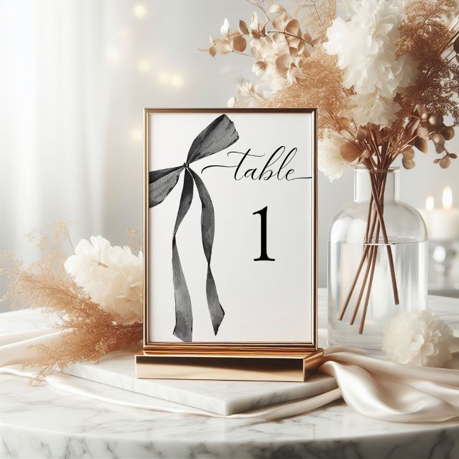 Watercolor Ribbon Bow Black and White Wedding Table Number (Creator Uploaded)