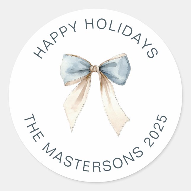 Watercolor Ribbon Bow Holiday Greeting Classic Round Sticker (Front)