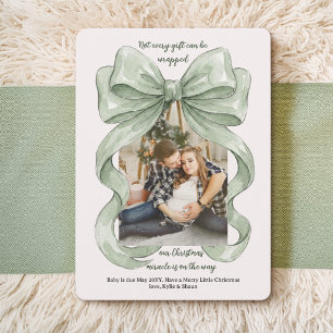 Watercolor Ribbon Christmas Miracle Baby Reveal Holiday Card