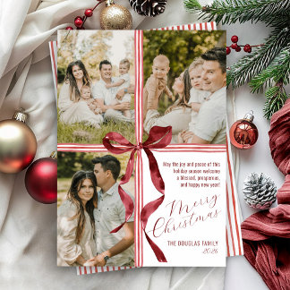 Watercolor Ribbon Red Bow Modern 3 Photo Christmas Holiday Card