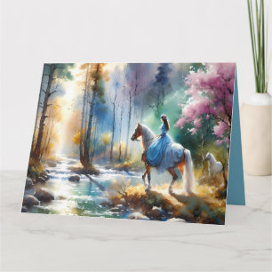 Watercolor River Horsewoman Forest Light Card