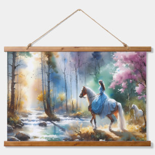 Watercolor River Horsewoman Forest Light Hanging Tapestry
