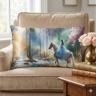 Watercolor River Horsewoman Forest Light Lumbar Pillow