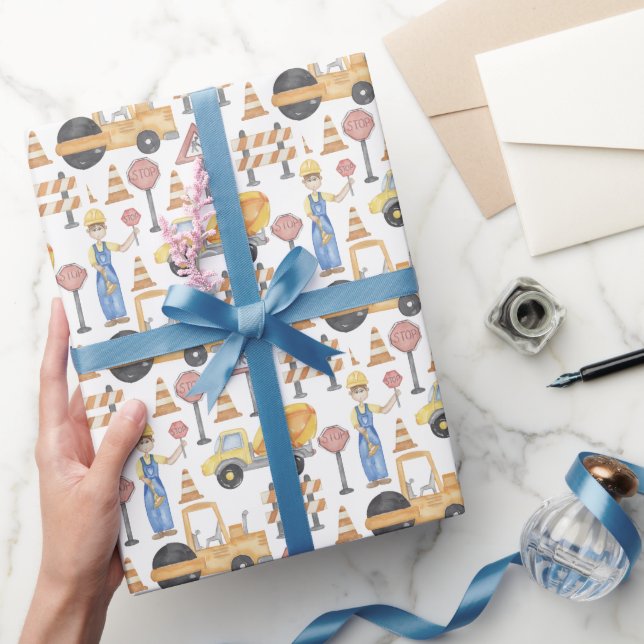 Watercolor Road Construction Theme Wrapping Paper (Gifting)