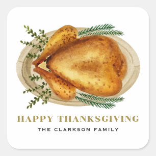 Watercolor Roasted Turkey Dinner Thanksgiving Square Sticker