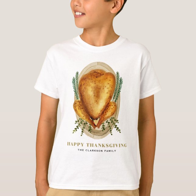 Watercolor Roasted Turkey Happy Thanksgiving T-Shirt (Front)