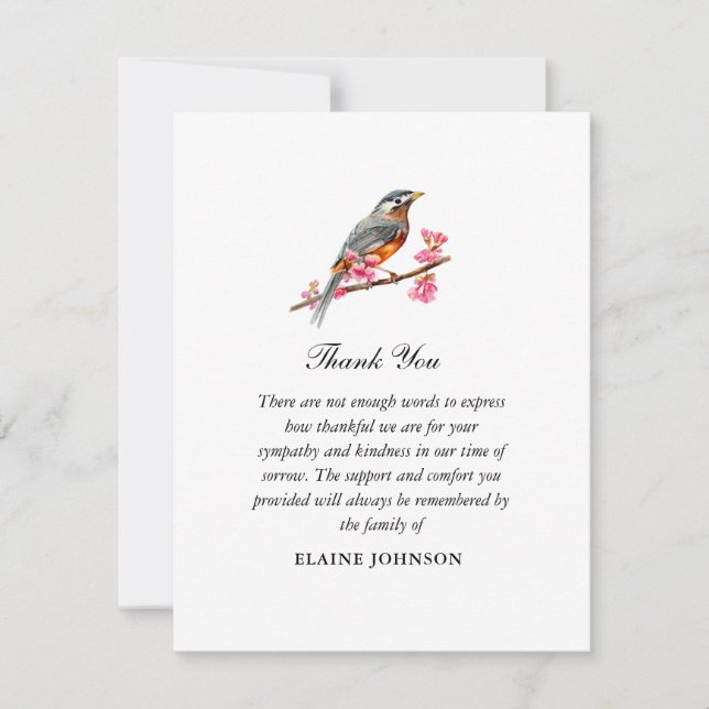 Watercolor Robin bird Funeral Photo Thank you  (Front)